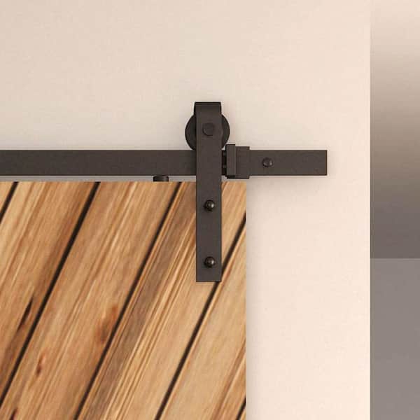 137.75 in. Black Solid Steel Barn Door Hardware Kit for Double Wood Doors with Adjustable Floor Guides (2-Piece Rails) 137.75 in. Black Solid Steel Barn Door Hardware Kit for Double Wood Doors with Adjustable Floor Guides (2-Piece Rails)