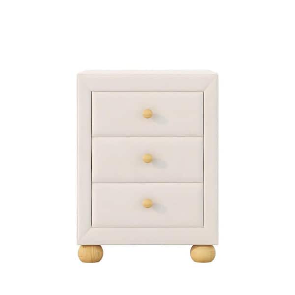 Jushua 3-Drawers Modern Upholstered Storage Beige Nightstand Natural Wood Knobs