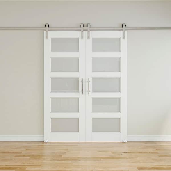 60 in. x 80 in. 5-Lite Tempered Frosted Glass White Finished MDF Sliding Barn Door with Hardware Kit Nickel Plated