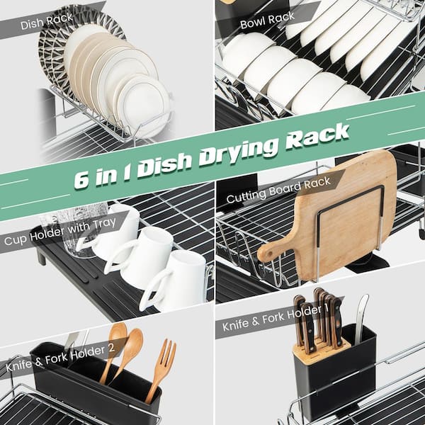 1pc Dish Drying Rack With Drainboard, Large Dish Rack And Drainboard Set  With Utensil Holder, Cutting Board Holder, Cup Rack For Kitchen Counter,  Blac