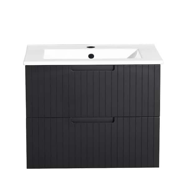 Aoibox 24 in. W Single Sink Wall Mount Floating Black Bath Vanity with White Ceramic Top 2-Drawer Bathroom Vanity Set