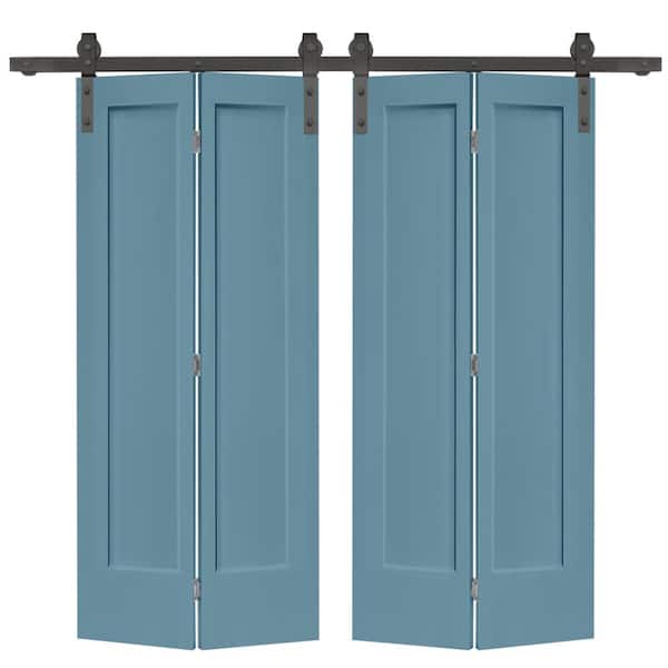 48 in. x 80 in. 1 Panel Shaker Dignity Blue Painted MDF Composite Double Bi-Fold Barn Door with Sliding Hardware Kit
