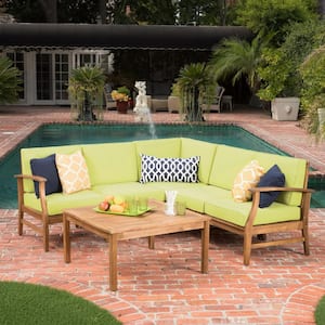 Giancarlo Teak Finish 6-Piece Wood Outdoor Patio Sectional Set with Green Cushions
