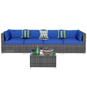 Messi Grey 5-Piece Wicker Outdoor Patio Conversation Sofa Seating Set with Navy Blue Cushions