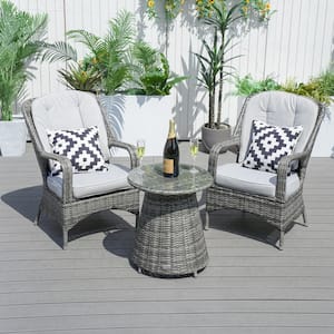 3-Piece Wicker Patio Conversation Set with Gray Cushions