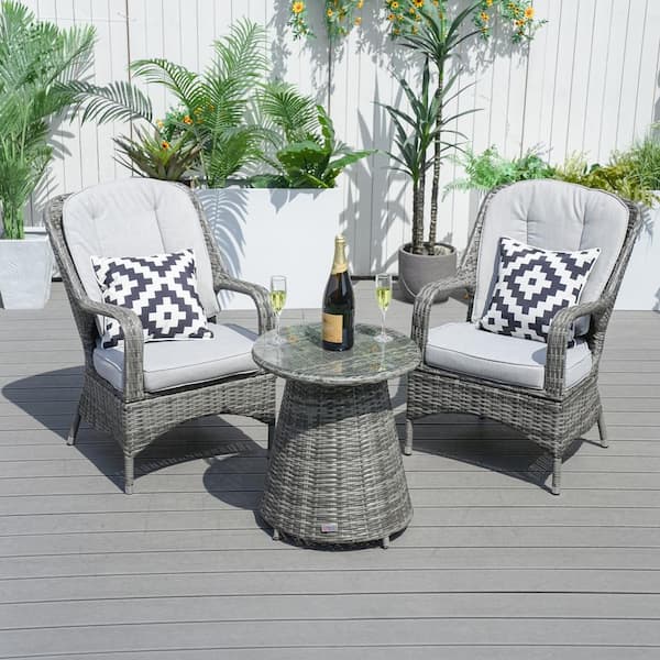 moda furnishings 3-Piece Wicker Patio Conversation Set with Gray Cushions
