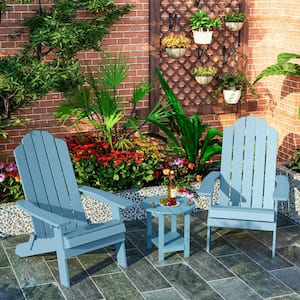 Blue 3-Piece Plastic Folding Adirondack Chair with Side Table