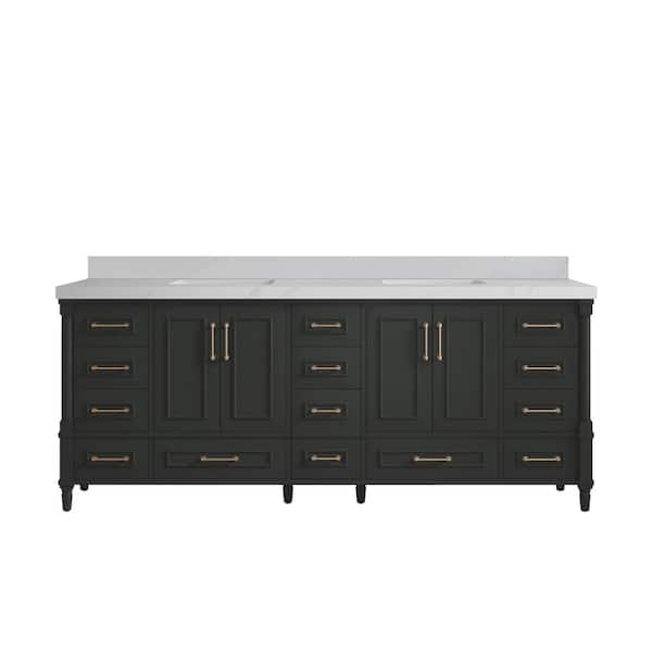 Willow Collections Hudson 84 in. Double Sink Freestanding Black Top Bath Vanity with Calacatta Sienna Quartz Top Unassembled