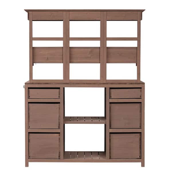 Zeus & Ruta 65.7 in. H x 50.1 in. W x 19.7 in. D Brown Wooden Garden Potting Bench Table with Multiple Drawers and Shelves