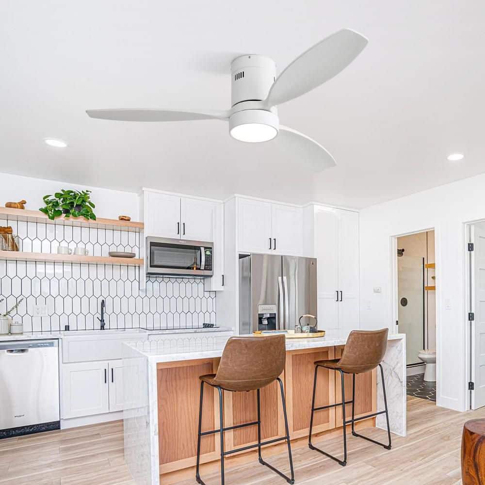 52 in. White Flush Mount Ceiling Fan with Light and Remote, Ceiling Fan with 3 Solid Wood Blades for Bedroom, Patio price history on PriceWatchPro
