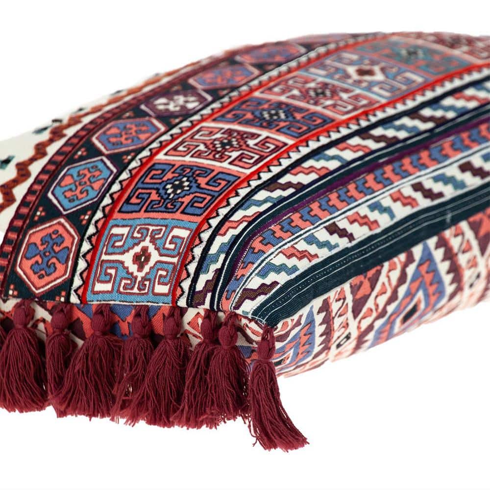 Ethnic Multicolor Cotton Embroidered Lumbar Pillow with Tassels
