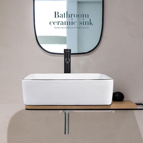 Puluomis White Ceramic Rectangular Vessel Sink with Artistic Black Border with Black Faucet Pop up Drain Set