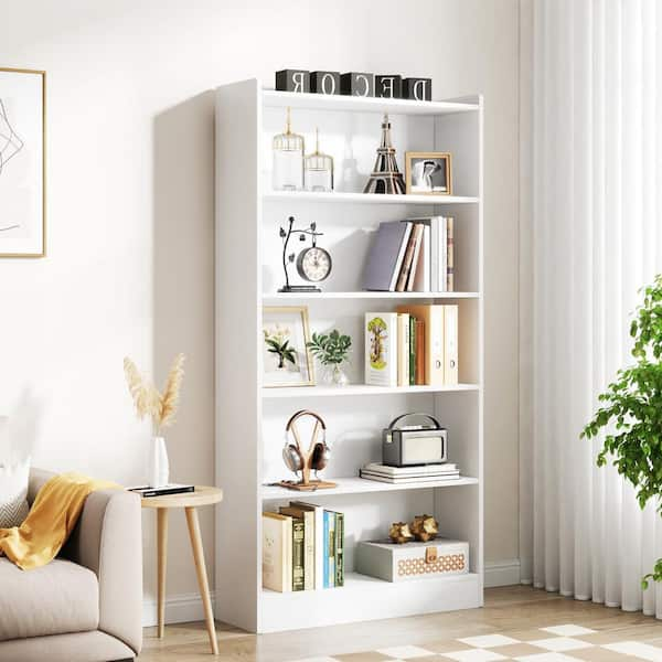 Eulas 72 in. Tall White Wood 5-Shelf Standard Bookcase and Bookshelves, Floor Standing Library Bookcase for Home Office