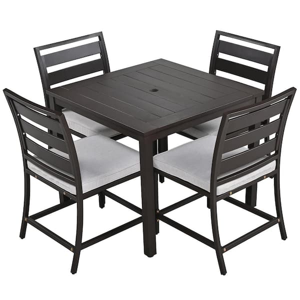 maocao hoom Dark Brown 5-Piece Metal Outdoor Dining Set with Gray Cushion