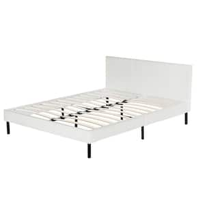 63 in. W Queen Size White Upholstered PU Leather Metal Platform Bed Frame with Wood Slats with Headbroad