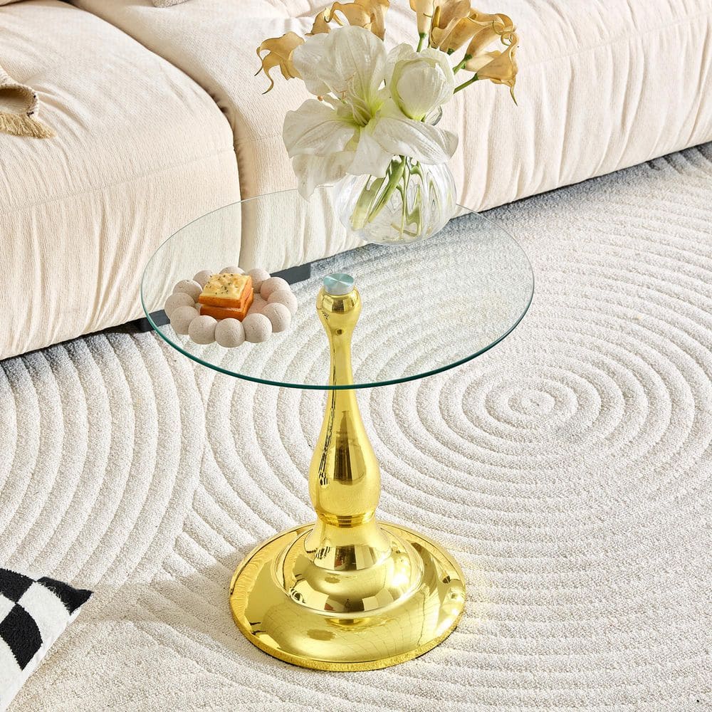 19.6 in. W Transparent Round Tempered Glass Top Coffee Table with Gold Metal Base