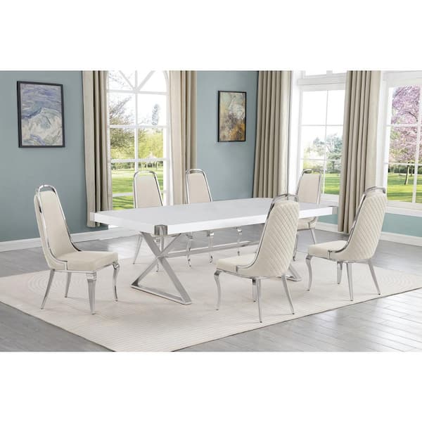 Best Quality Furniture Miguel 7-Piece Rectangle White Wood Top Silver Stainless Steel Dining Set with 6 Cream Chairs
