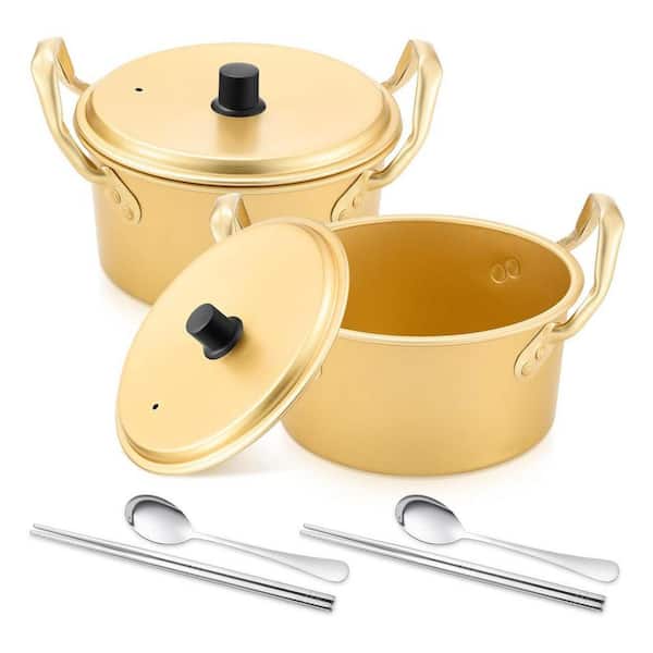 2 Set Gold Aluminum Korean Ramen Noodle Pot with Lid Double Handles Fast Heating Soup Pasta Cookware with Utensils