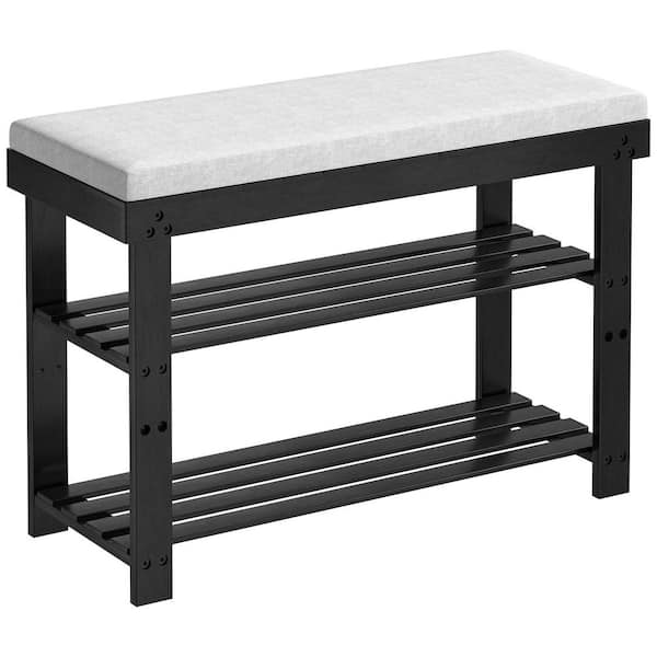 Tileon 3-Tier Kitchen Pantry with Cushion and Adjustable Shelves, Bamboo Shoe Bench for Hallway Entryway and Living Room, Black