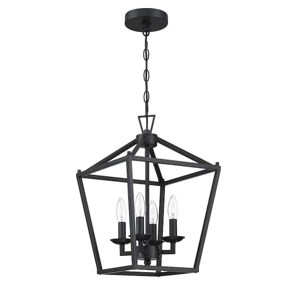 Pia Ricco 4-Light Matte Black Cage Lantern for Kitchen Entrance Foyer Farmhouse Chandelier