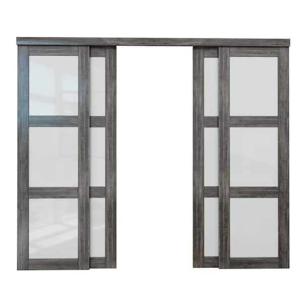 ARK DESIGN 96 in. x 80 in. 3-Lites Tempered Frosted Glass Dark Walnut MDF Closet Sliding Door with Hardware Kit