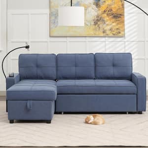 82.3 in. Blue Multi-functional Fabric Queen Size Sofa Bed with Cup Holder USB Port and Side Pockets