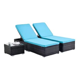 3 Piece Brown PE Rattan and Steel Frame, PE Wicker Adjustable Outdoor Chaise Lounge Chair with Blue Removable Cushions