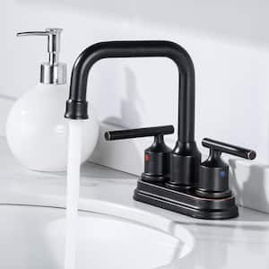 4 in. Centerset Double Handle High Arc Bathroom Faucet with Drain Kit in Matte Black