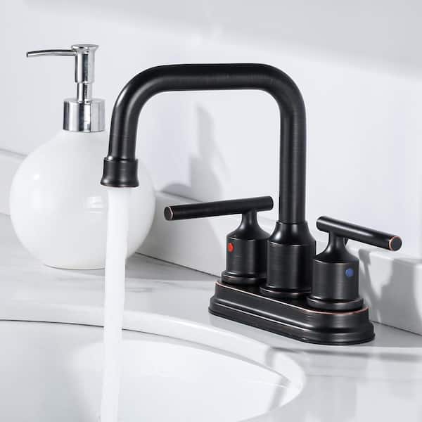 4 in. Centerset Double Handle Bathroom Faucet with Swivel Spout, Lift Rod Drain and Supply Lines in Matte Black
