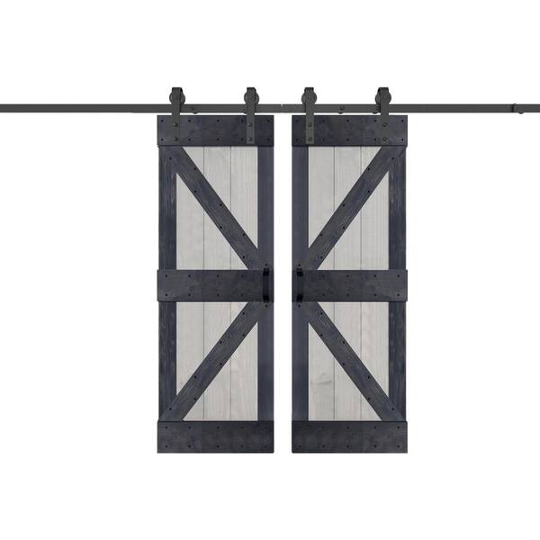 ISLIFE K Series 56 in. x 84 in. French Gray/Carbon Gray Finished DIY Solid Wood Double Sliding Barn Door with Hardware Kit