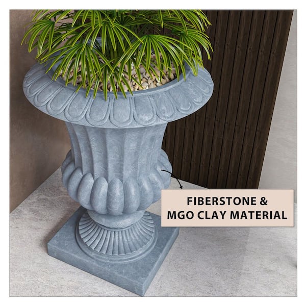 Leisuremod Lotus 20 in. Wide Fiberstone Urn Planter Modern Indoor Outdoor Decorative Clay Pot 28 in. High in Grey