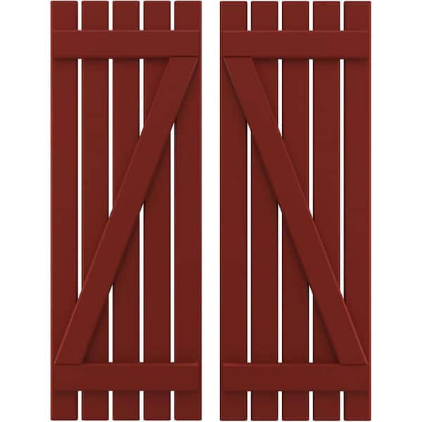 Ekena Millwork 19-1/2 in. W x 32 in. H Americraft 5-Board Exterior Real Wood Spaced Board and Batten Shutters with Z-Bar in Pepper Red