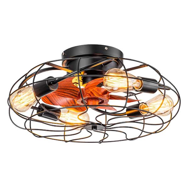 RRTYO Forrest 20 in. 4-Light Indoor Industrial Farmhouse Black Caged Driftwood 7-Blade Ceiling Fan Light with Remote
