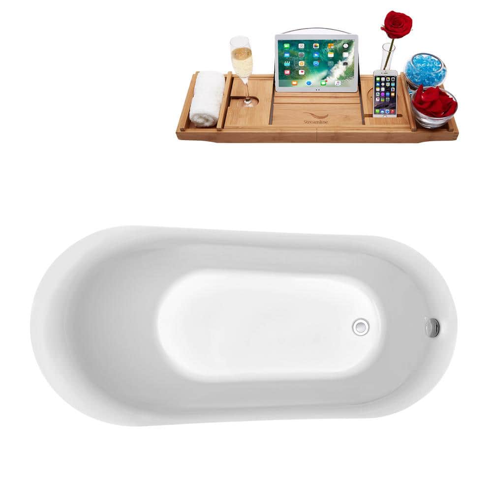 59'' White Glossy Acrylic Freestanding Soaking Tub with Chrome Drain