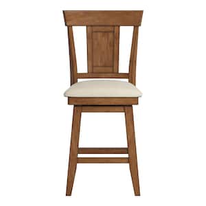 24 in. H Oak Panel Back Swivel Chair with Beige Linen Seat