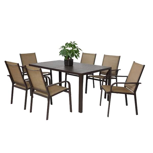 Huluwat Brown 7-Piece Metal Frame Outdoor Dining Set with 6-Textilene Chairs and Rectangle Table