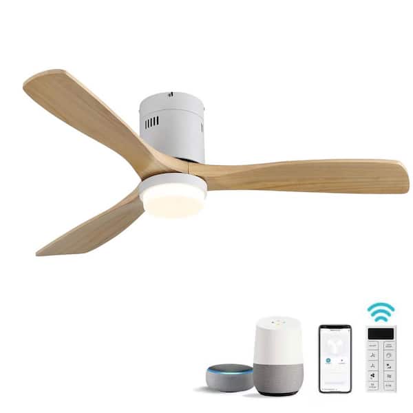 CACI Mall 52 in. Indoor/Outdoor Smart Solid Wood Flush Mount Standard White Ceiling Fan with Light, Remote/APP Control