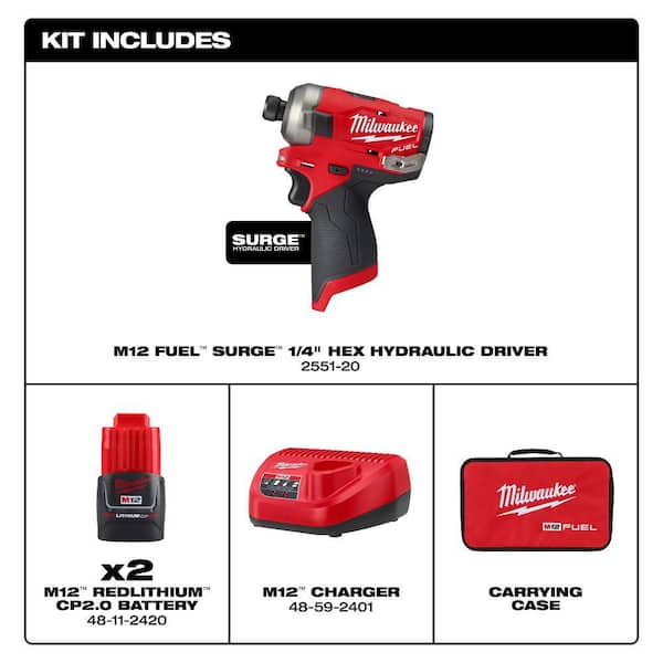 M12 FUEL SURGE 12V Lithium-Ion Brushless Cordless 1/4 in. Hex Impact Driver Compact Kit w/Two 2.0Ah Batteries, Bag