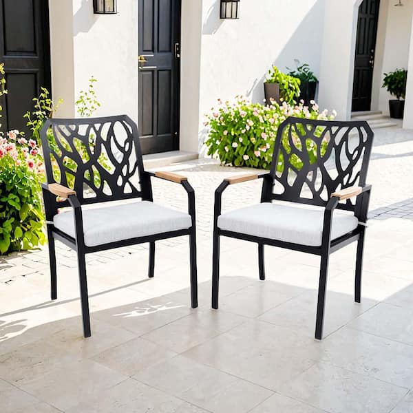2-Piece Modern Aluminium Outdoor Dining Chairs with Branch-Like Backrest and Sunbrella Cast Silver Cushions