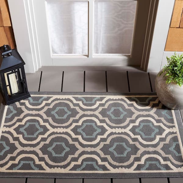 Courtyard Gray/Blue 3 ft. x 5 ft. Floral Trellis Indoor/Outdoor Area Rug