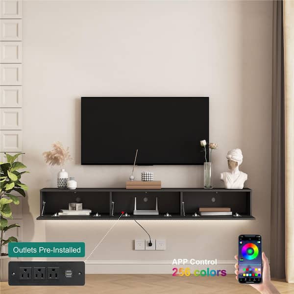 69 in. W x 11.8 in. D Black MDF Wood Floating TV Stand Shelves Decorative Wall Shelf with Lights and Power Outlet