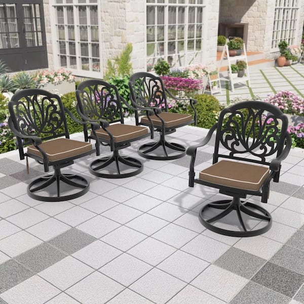Black Cast Aluminum Swivel Rocker Outdoor Patio Dining Chairs with Brown Cushions(4-Pack)