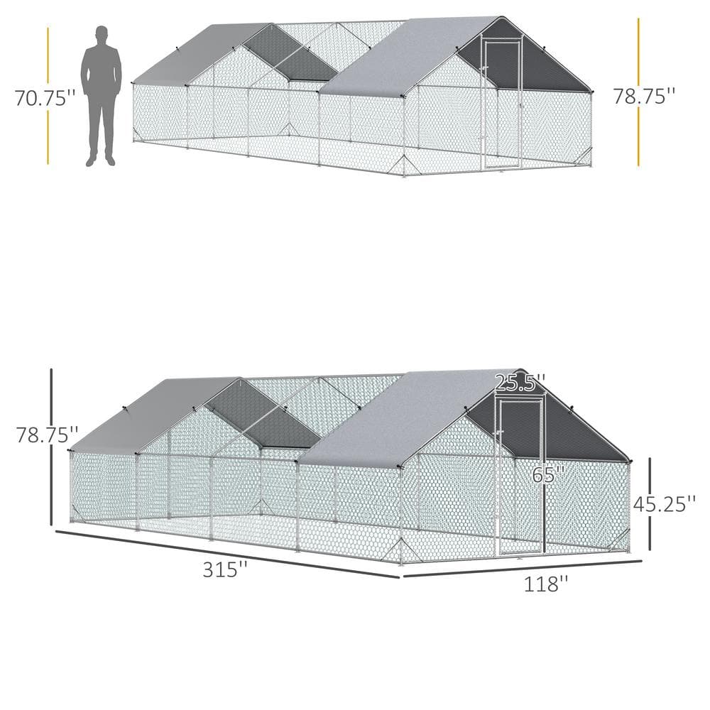 Large Silver Metal Chicken Coop with UV-Resistant Cover