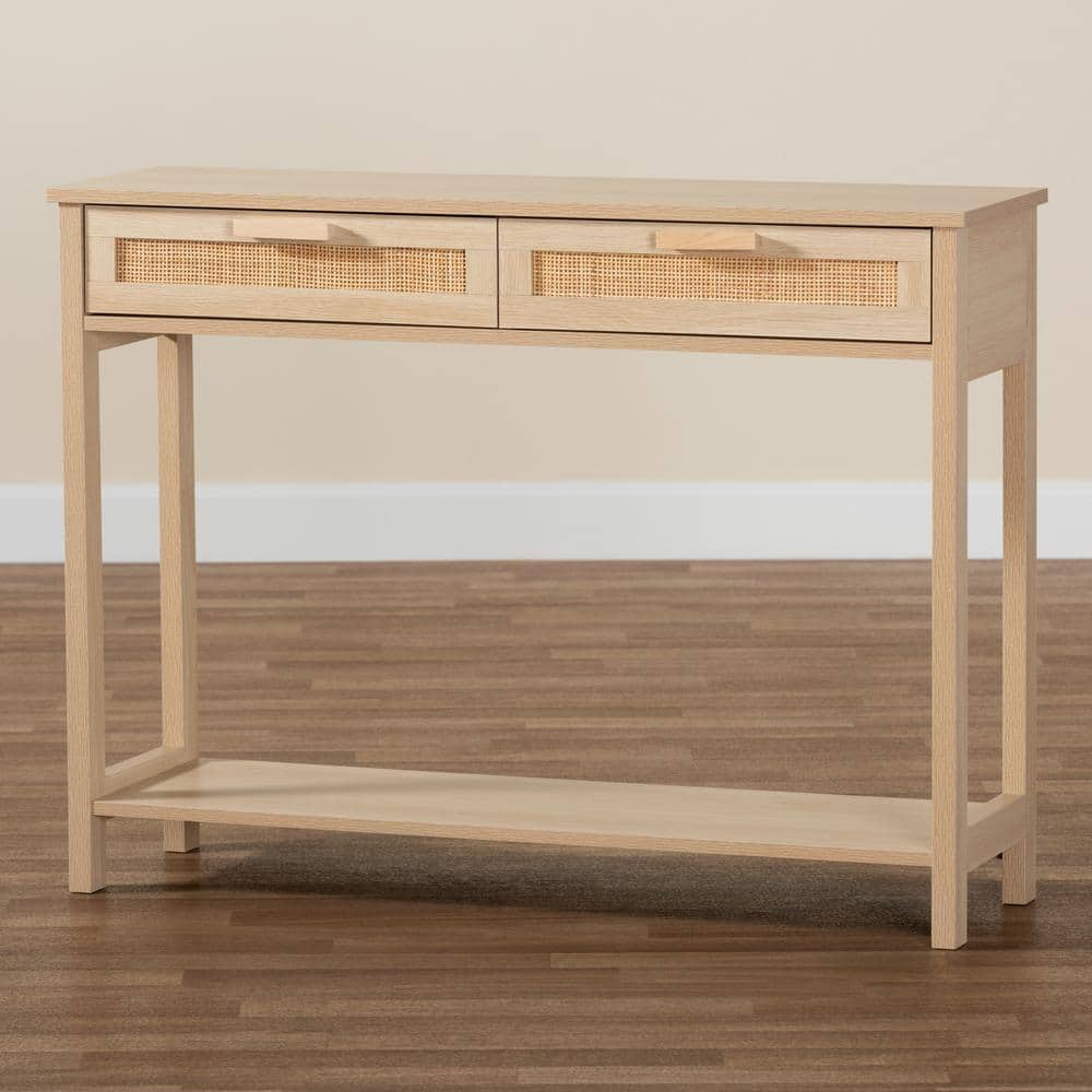 Light Brown Wood Console Table with Rattan Drawers and Shelf