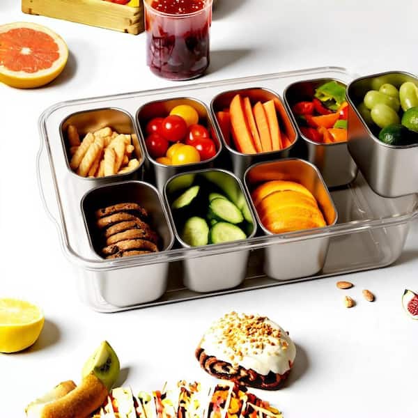 1-Set 8-Compartment Stainless Steel Divided Food Storage with Lid, Handle for Fruit, Nuts, Veggie, Portable Platter