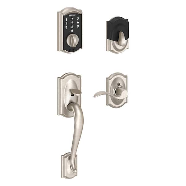 Schlage Camelot Satin Nickel Touch Electronic Keypad Deadbolt and Front Entry Door Handle with Accent Door Handle