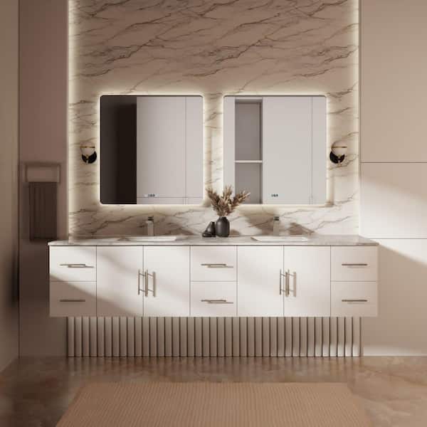 Geneva 84 in. W x 22 in. D Glossy White Double Bath Vanity and Carrara Marble Top