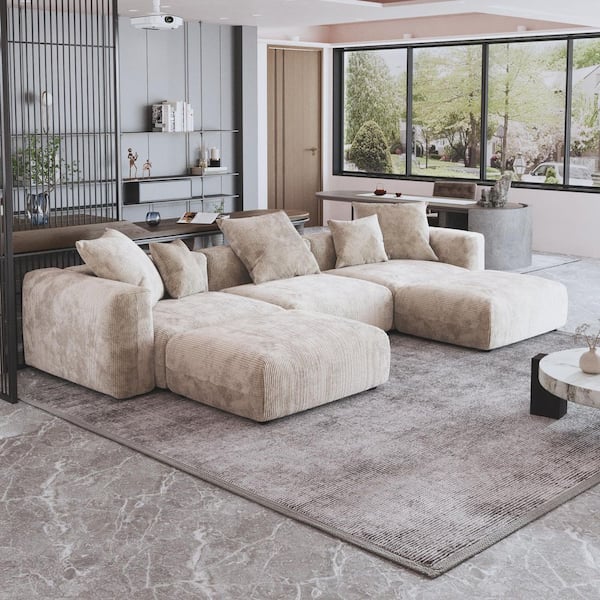Modern 142 in. Square Arm Corduroy Modular Oversized Floor Sectional Sofa Couch with Ottoman, Removable Covers in Beige