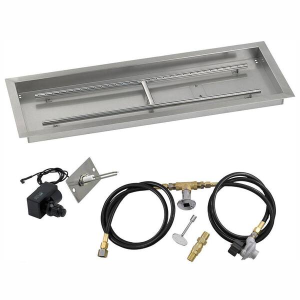 American Fire Glass 36 in. x 12 in. Rectangular Stainless Steel Drop in Fire Pit Pan with Spark Ignition Kit - Propane