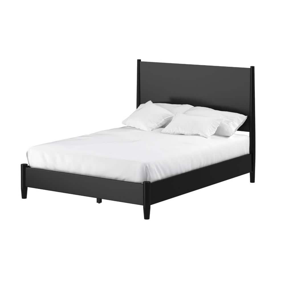 King Black Solid Wood Panel Bed with Slats